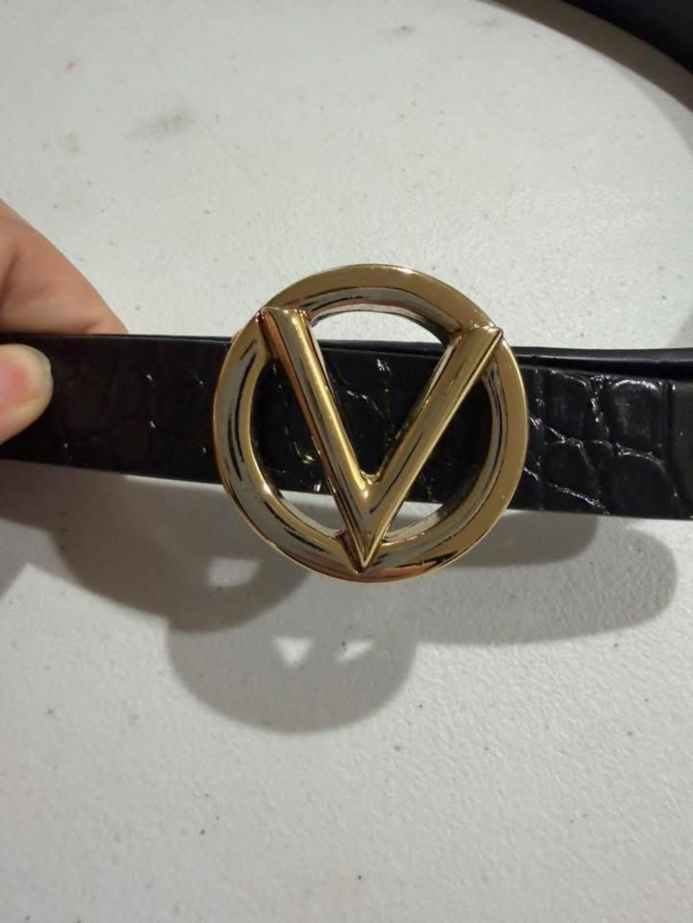 Gold Valentino Buckle Black Croc-Embossed Women’s Belt